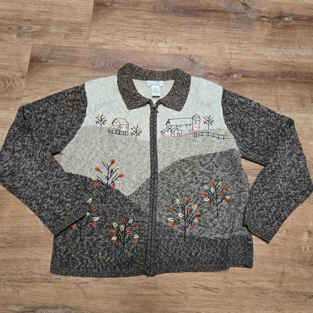 Vtg Christopher & Banks Brown Cream Embroidered Cardigan Farm Scene Fall Medium